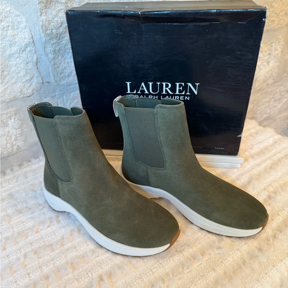 Lauren Ralph Lauren Olive Suede Chelsea Booties with White Platform Sole